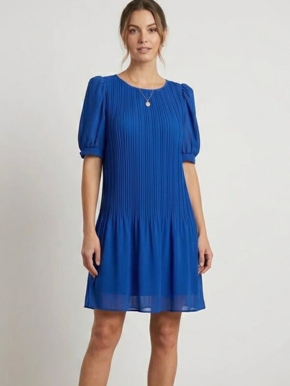 Vintage Jody California Royal Blue 1970s Pleated Puff sleeve Dress M/L